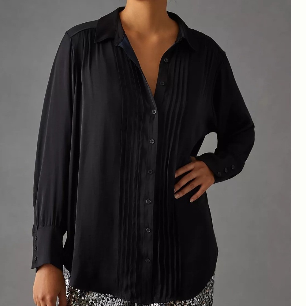 By Anthropologie Black Satin Tuxedo Pintuck Pleated Button Down Shirt Small